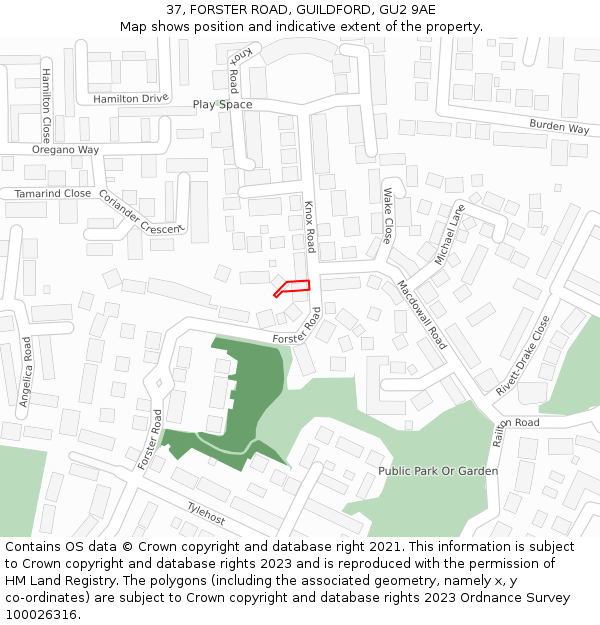 37, FORSTER ROAD, GUILDFORD, GU2 9AE: Location map and indicative extent of plot