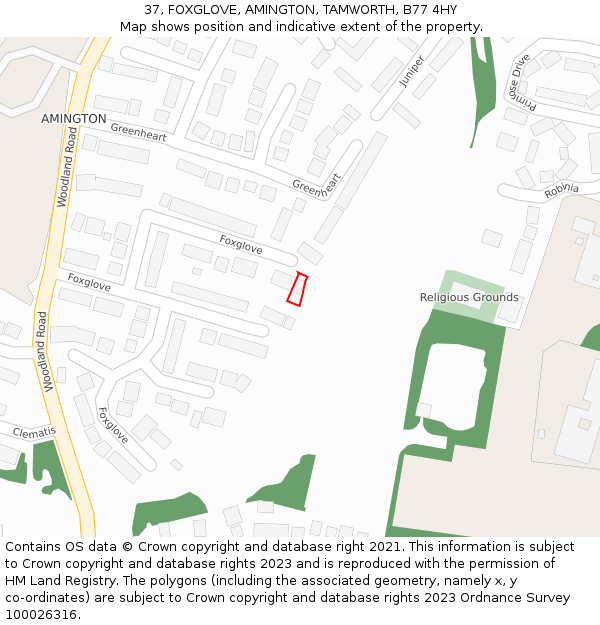 37, FOXGLOVE, AMINGTON, TAMWORTH, B77 4HY: Location map and indicative extent of plot