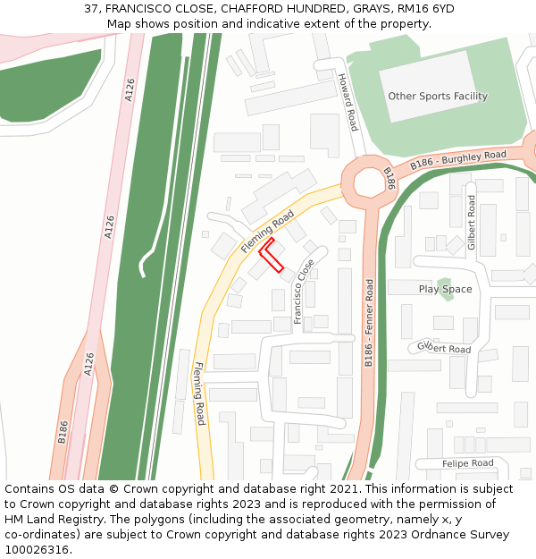 37, FRANCISCO CLOSE, CHAFFORD HUNDRED, GRAYS, RM16 6YD: Location map and indicative extent of plot