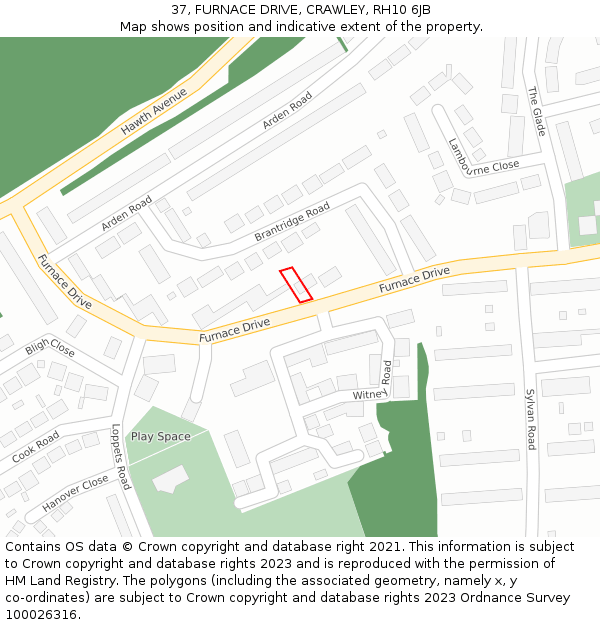 37, FURNACE DRIVE, CRAWLEY, RH10 6JB: Location map and indicative extent of plot