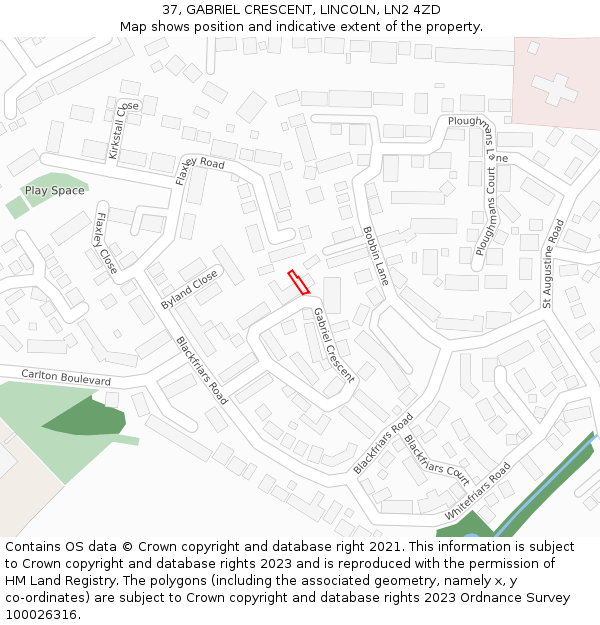 37, GABRIEL CRESCENT, LINCOLN, LN2 4ZD: Location map and indicative extent of plot