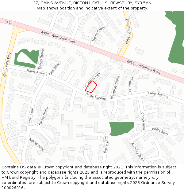 37, GAINS AVENUE, BICTON HEATH, SHREWSBURY, SY3 5AN: Location map and indicative extent of plot