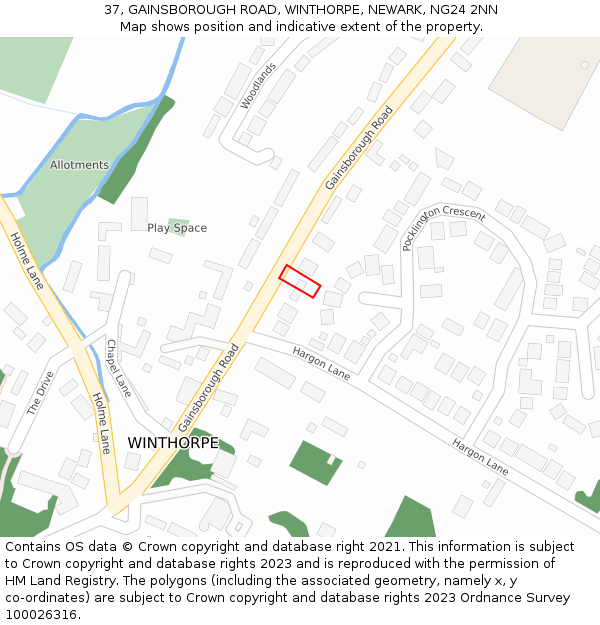 37, GAINSBOROUGH ROAD, WINTHORPE, NEWARK, NG24 2NN: Location map and indicative extent of plot