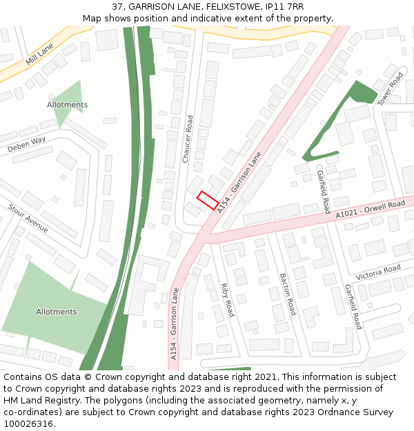 37, GARRISON LANE, FELIXSTOWE, IP11 7RR: Location map and indicative extent of plot