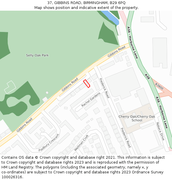 37, GIBBINS ROAD, BIRMINGHAM, B29 6PQ: Location map and indicative extent of plot