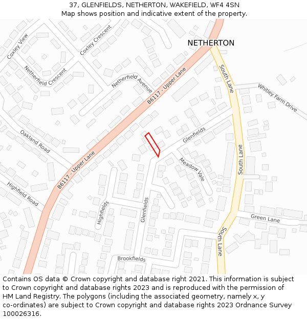 37, GLENFIELDS, NETHERTON, WAKEFIELD, WF4 4SN: Location map and indicative extent of plot