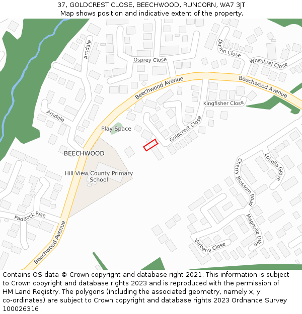 37, GOLDCREST CLOSE, BEECHWOOD, RUNCORN, WA7 3JT: Location map and indicative extent of plot