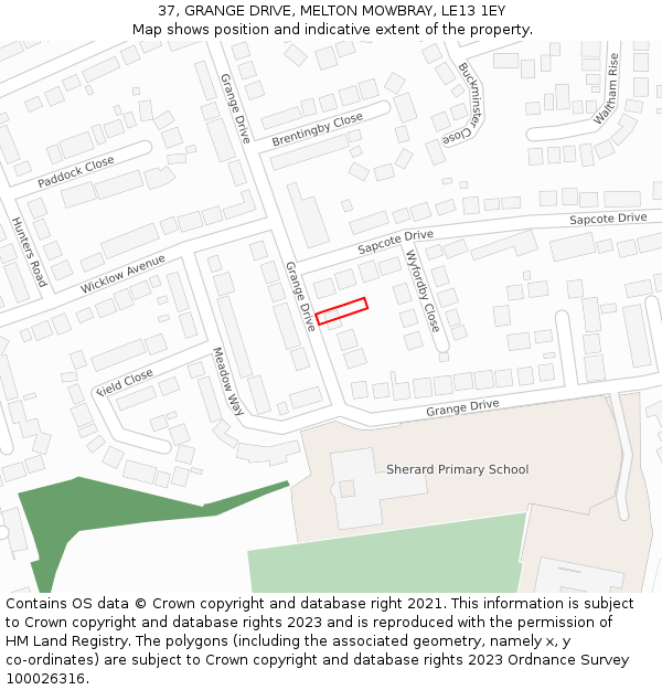 37, GRANGE DRIVE, MELTON MOWBRAY, LE13 1EY: Location map and indicative extent of plot