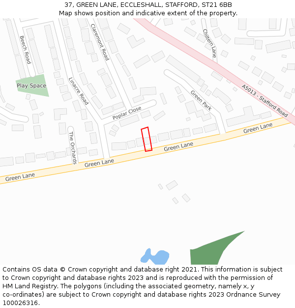 37, GREEN LANE, ECCLESHALL, STAFFORD, ST21 6BB: Location map and indicative extent of plot