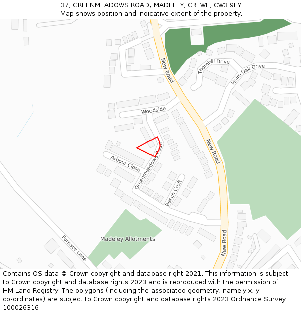 37, GREENMEADOWS ROAD, MADELEY, CREWE, CW3 9EY: Location map and indicative extent of plot