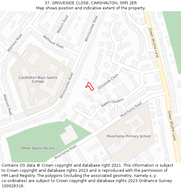 37, GROVESIDE CLOSE, CARSHALTON, SM5 2ER: Location map and indicative extent of plot