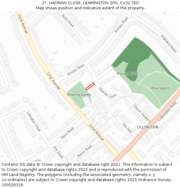 37, HADRIAN CLOSE, LEAMINGTON SPA, CV32 7ED: Location map and indicative extent of plot
