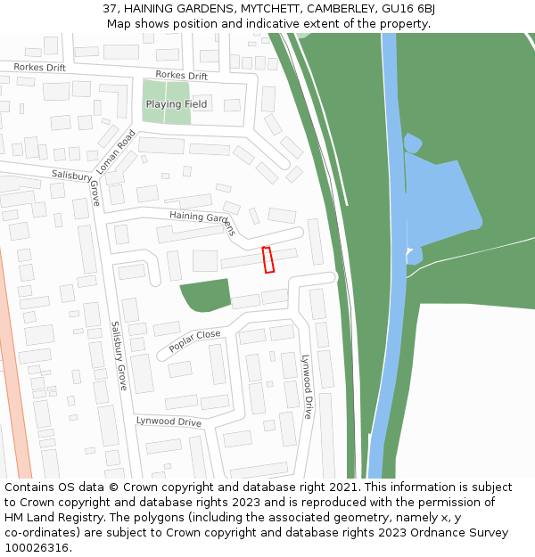 37, HAINING GARDENS, MYTCHETT, CAMBERLEY, GU16 6BJ: Location map and indicative extent of plot