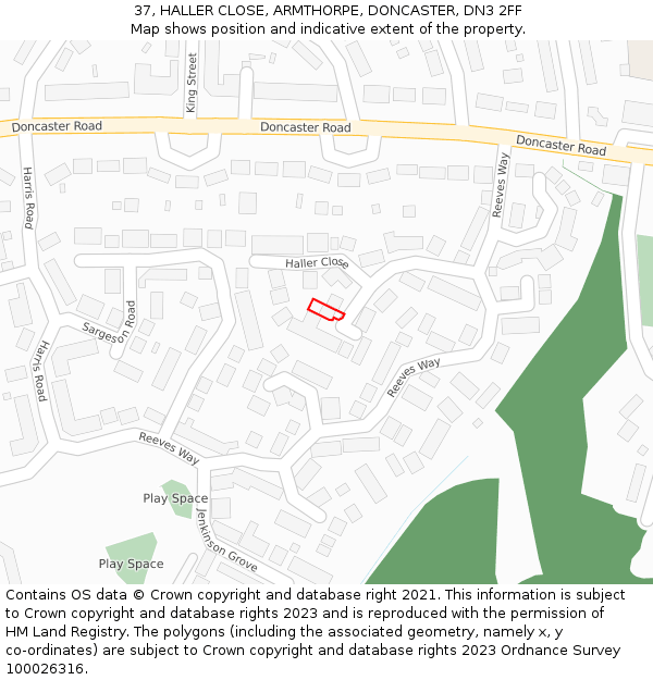 37, HALLER CLOSE, ARMTHORPE, DONCASTER, DN3 2FF: Location map and indicative extent of plot
