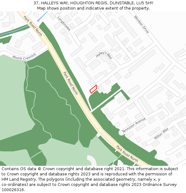 37, HALLEYS WAY, HOUGHTON REGIS, DUNSTABLE, LU5 5HY: Location map and indicative extent of plot