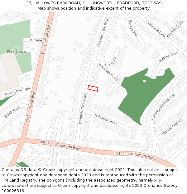 37, HALLOWES PARK ROAD, CULLINGWORTH, BRADFORD, BD13 5AS: Location map and indicative extent of plot