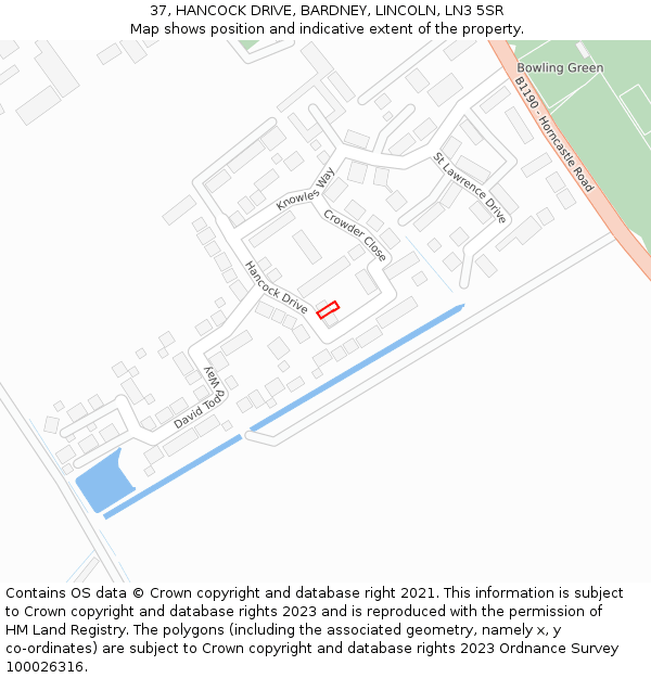 37, HANCOCK DRIVE, BARDNEY, LINCOLN, LN3 5SR: Location map and indicative extent of plot