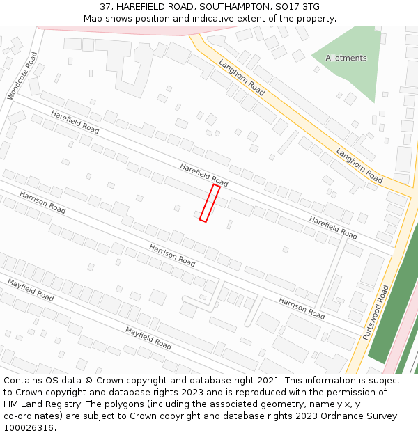 37, HAREFIELD ROAD, SOUTHAMPTON, SO17 3TG: Location map and indicative extent of plot