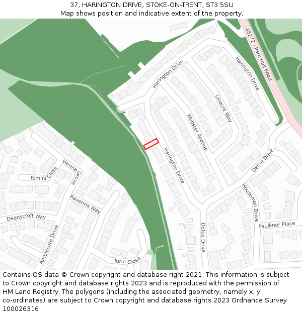 37, HARINGTON DRIVE, STOKE-ON-TRENT, ST3 5SU: Location map and indicative extent of plot