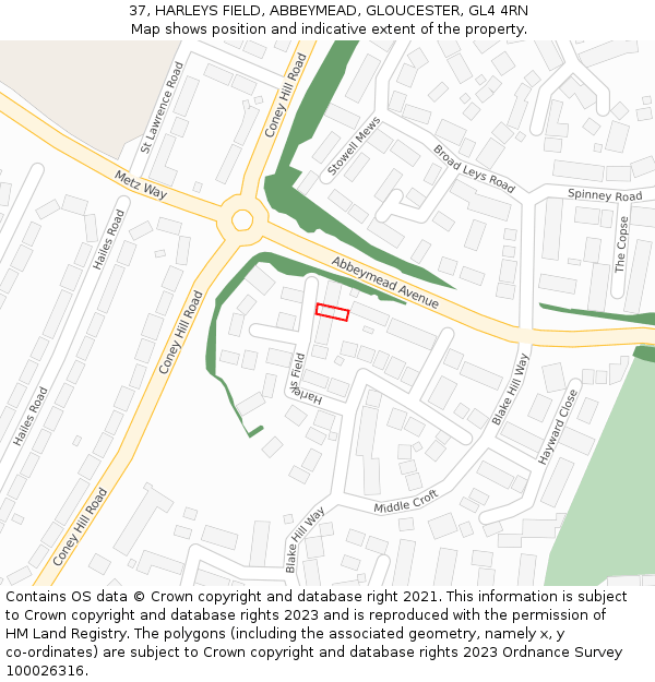 37, HARLEYS FIELD, ABBEYMEAD, GLOUCESTER, GL4 4RN: Location map and indicative extent of plot