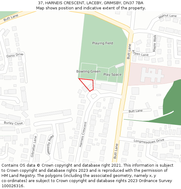 37, HARNEIS CRESCENT, LACEBY, GRIMSBY, DN37 7BA: Location map and indicative extent of plot