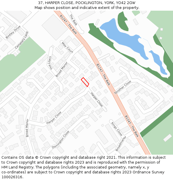 37, HARPER CLOSE, POCKLINGTON, YORK, YO42 2GW: Location map and indicative extent of plot