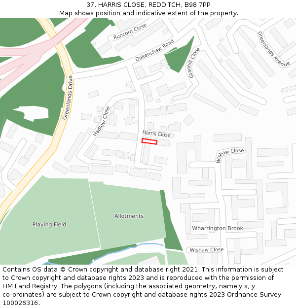 37, HARRIS CLOSE, REDDITCH, B98 7PP: Location map and indicative extent of plot