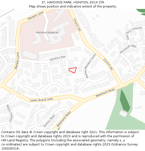 37, HAYDONS PARK, HONITON, EX14 2TA: Location map and indicative extent of plot