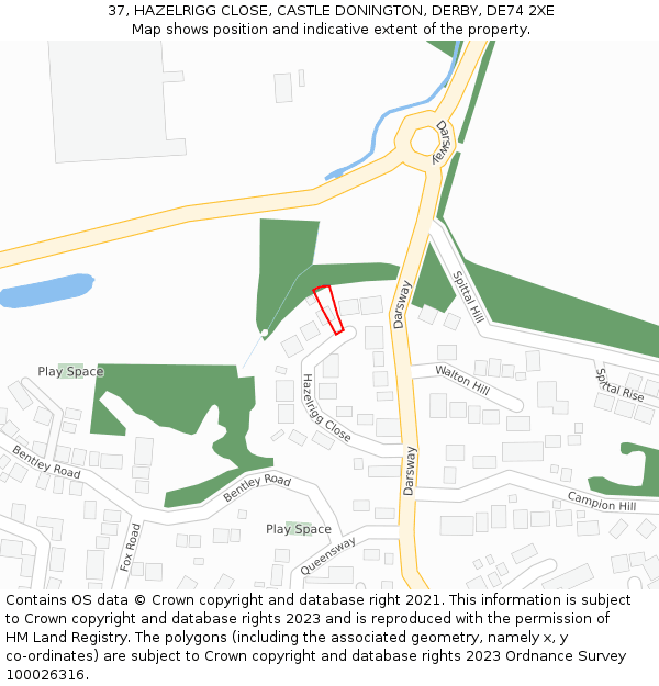 37, HAZELRIGG CLOSE, CASTLE DONINGTON, DERBY, DE74 2XE: Location map and indicative extent of plot