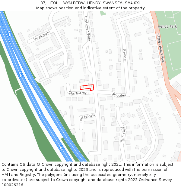 37, HEOL LLWYN BEDW, HENDY, SWANSEA, SA4 0XL: Location map and indicative extent of plot