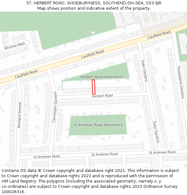 37, HERBERT ROAD, SHOEBURYNESS, SOUTHEND-ON-SEA, SS3 9JR: Location map and indicative extent of plot