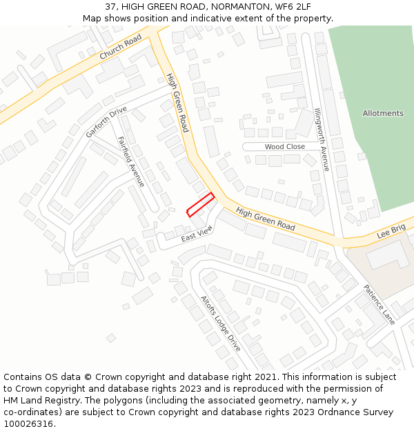 37, HIGH GREEN ROAD, NORMANTON, WF6 2LF: Location map and indicative extent of plot