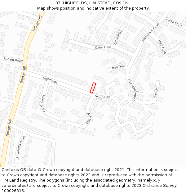 37, HIGHFIELDS, HALSTEAD, CO9 1NH: Location map and indicative extent of plot