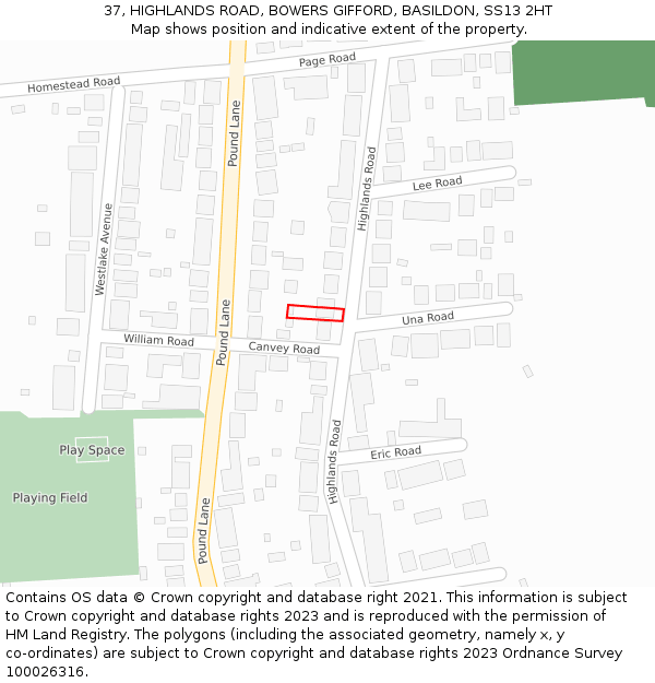 37, HIGHLANDS ROAD, BOWERS GIFFORD, BASILDON, SS13 2HT: Location map and indicative extent of plot