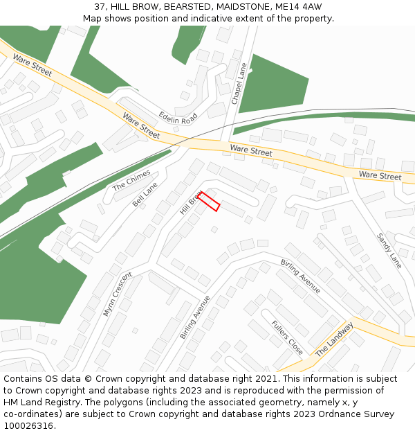 37, HILL BROW, BEARSTED, MAIDSTONE, ME14 4AW: Location map and indicative extent of plot