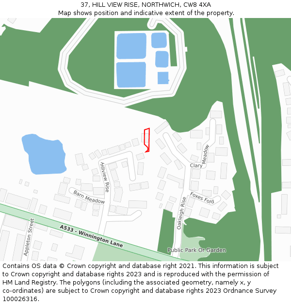 37, HILL VIEW RISE, NORTHWICH, CW8 4XA: Location map and indicative extent of plot