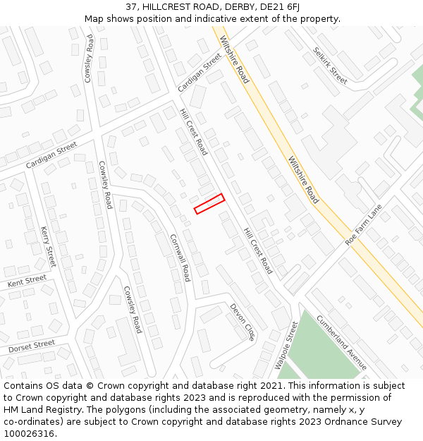 37, HILLCREST ROAD, DERBY, DE21 6FJ: Location map and indicative extent of plot