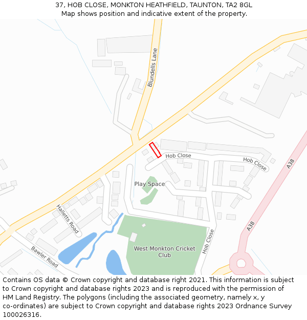 37, HOB CLOSE, MONKTON HEATHFIELD, TAUNTON, TA2 8GL: Location map and indicative extent of plot