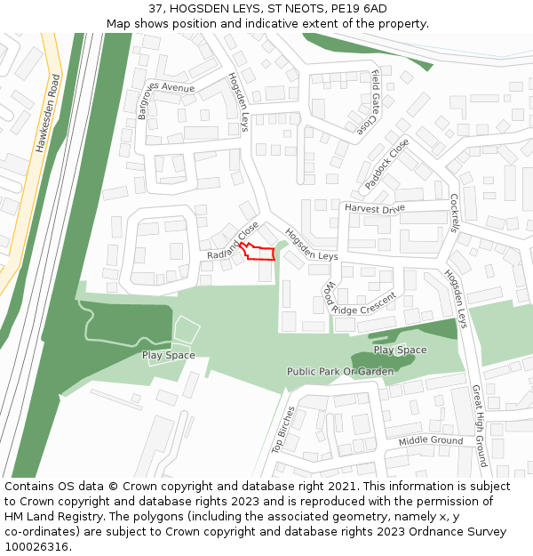 37, HOGSDEN LEYS, ST NEOTS, PE19 6AD: Location map and indicative extent of plot