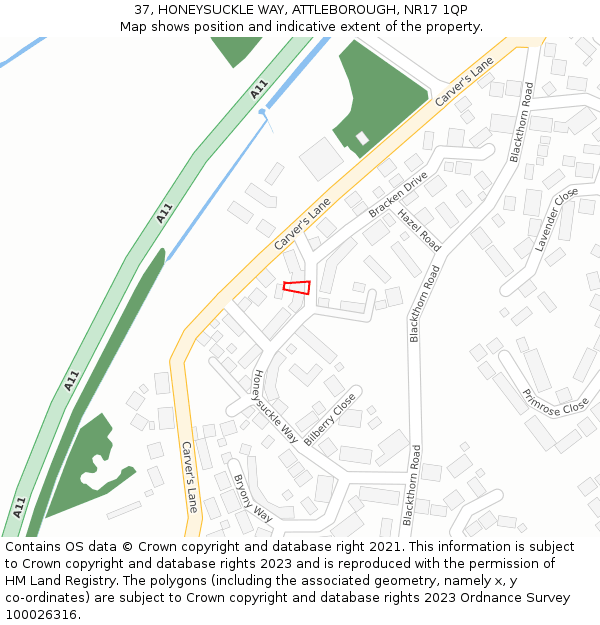 37, HONEYSUCKLE WAY, ATTLEBOROUGH, NR17 1QP: Location map and indicative extent of plot