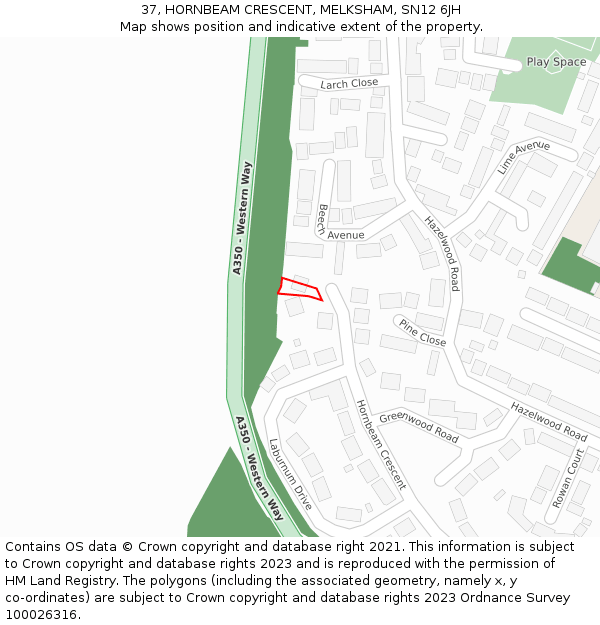 37, HORNBEAM CRESCENT, MELKSHAM, SN12 6JH: Location map and indicative extent of plot