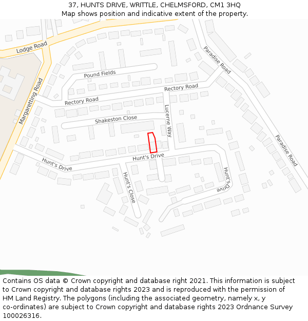 37, HUNTS DRIVE, WRITTLE, CHELMSFORD, CM1 3HQ: Location map and indicative extent of plot