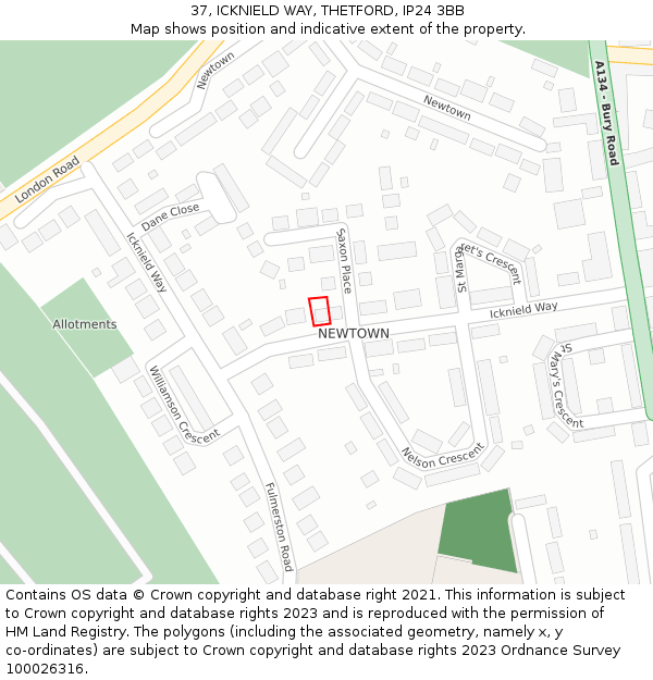 37, ICKNIELD WAY, THETFORD, IP24 3BB: Location map and indicative extent of plot