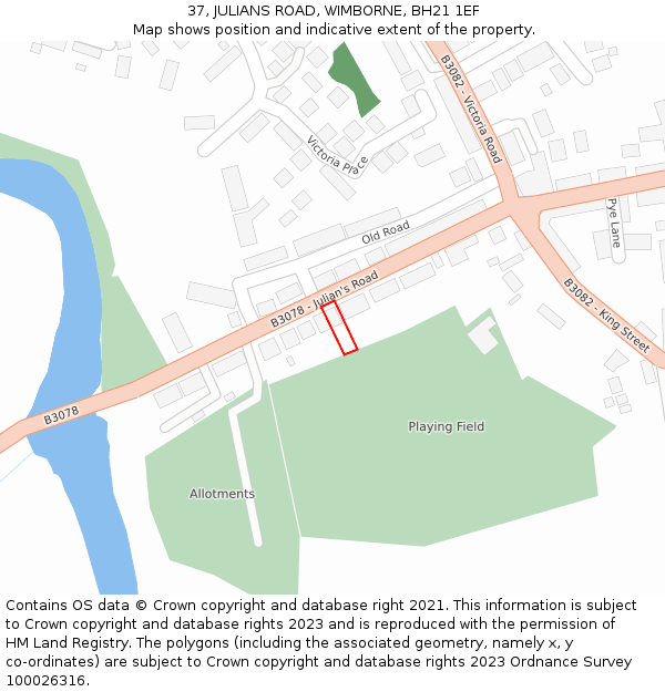 37, JULIANS ROAD, WIMBORNE, BH21 1EF: Location map and indicative extent of plot