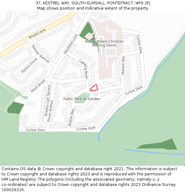 37, KESTREL WAY, SOUTH ELMSALL, PONTEFRACT, WF9 2FJ: Location map and indicative extent of plot