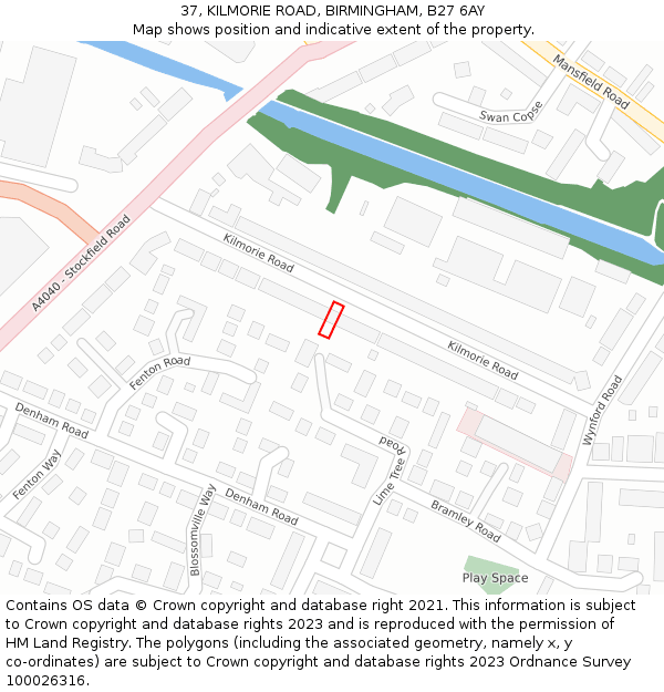 37, KILMORIE ROAD, BIRMINGHAM, B27 6AY: Location map and indicative extent of plot