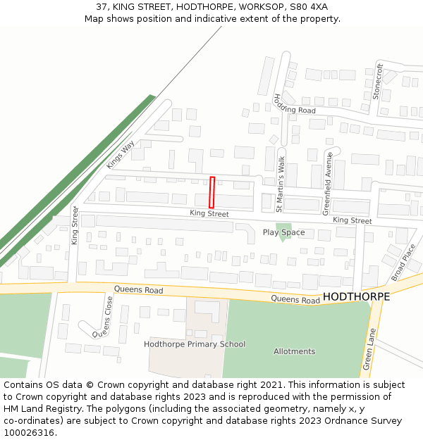 37, KING STREET, HODTHORPE, WORKSOP, S80 4XA: Location map and indicative extent of plot