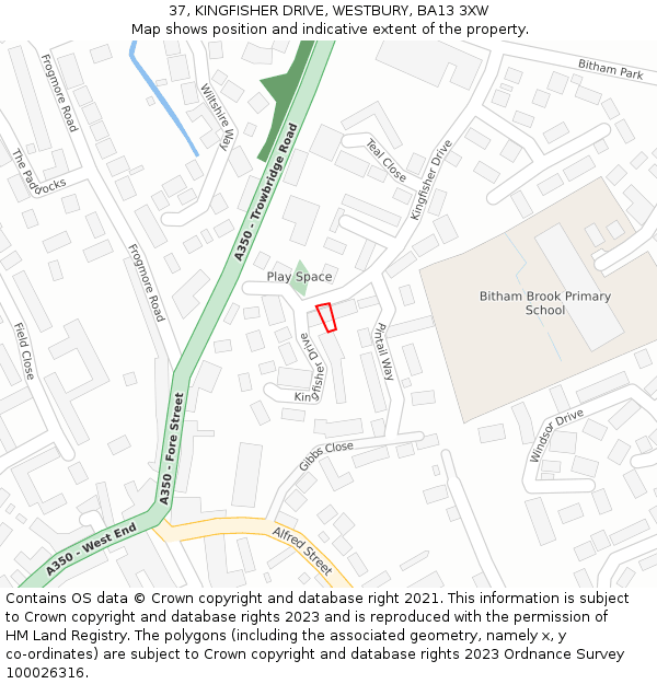 37, KINGFISHER DRIVE, WESTBURY, BA13 3XW: Location map and indicative extent of plot