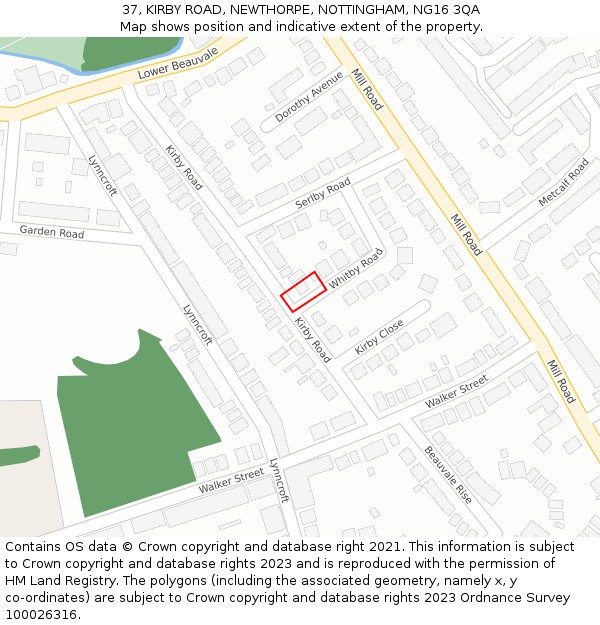 37, KIRBY ROAD, NEWTHORPE, NOTTINGHAM, NG16 3QA: Location map and indicative extent of plot