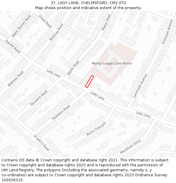 37, LADY LANE, CHELMSFORD, CM2 0TG: Location map and indicative extent of plot